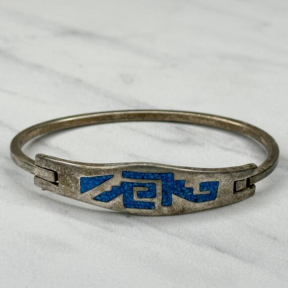 Vintage Mexico Silver Tone Stone Inlay Bangle ✨ - Picture 3 of 11
